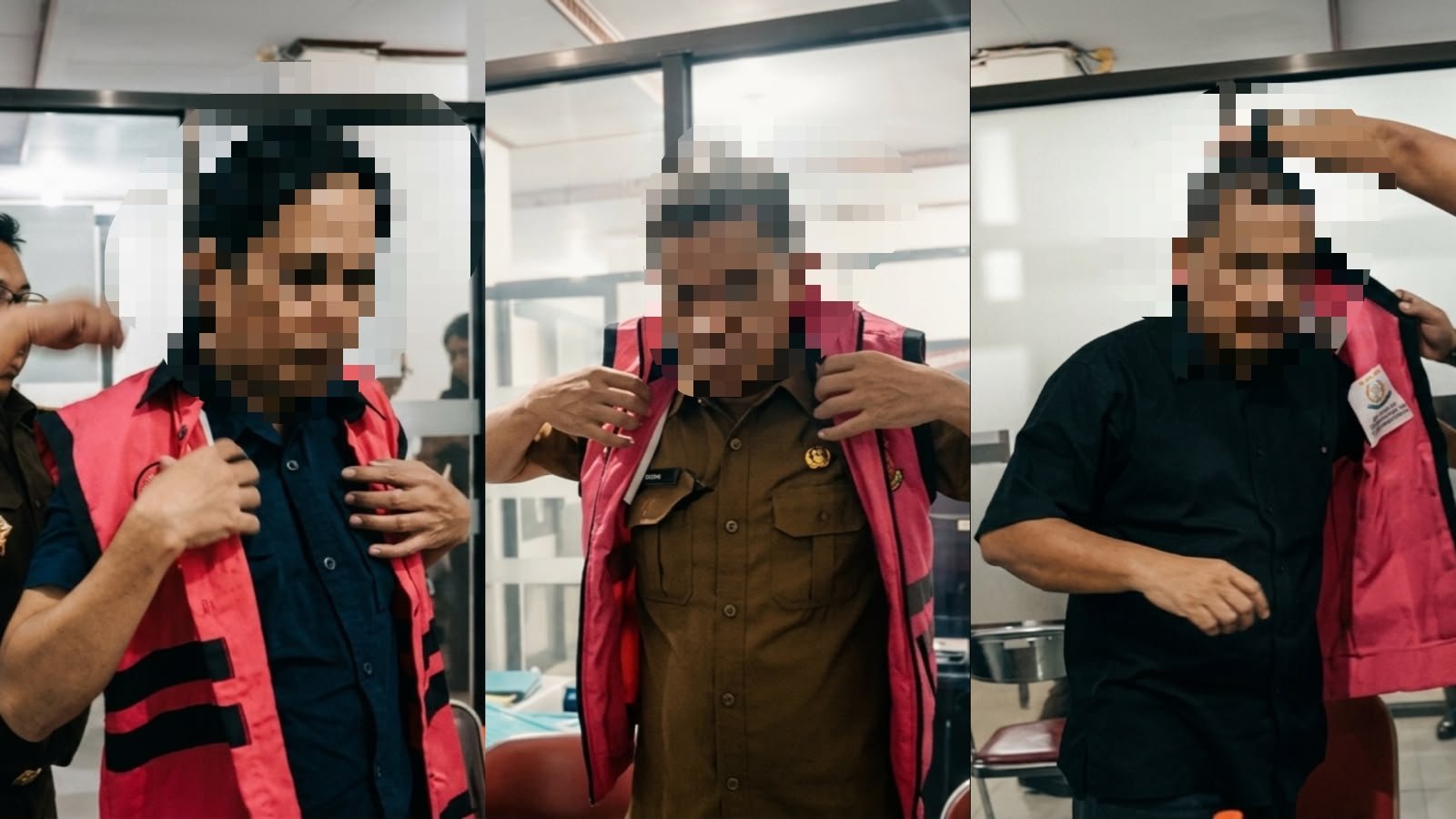 Tiga tersangka dugaan tindak pidana korupsi pengadaan Command Center Video Wall pada Dinas Komunikasi, Informatika, dan Statistik (Kominfo) Provinsi Gorontalo Tahun Anggaran 2022 menjalani penahanan di Kejaksaan Tinggi Gorontalo, Senin (20/7/2026)/Hibata.id