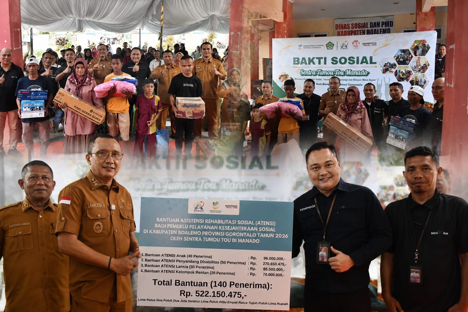 Penyaluran bantuan ATENSI tahap terbaru dilakukan secara simbolis oleh Wakil Bupati Boalemo, Lahmuddin Hambali, di halaman Kantor Dinas Sosial PMD Kabupaten Boalemo, Selasa, 28 Juli 2026. (Foto: Humas)