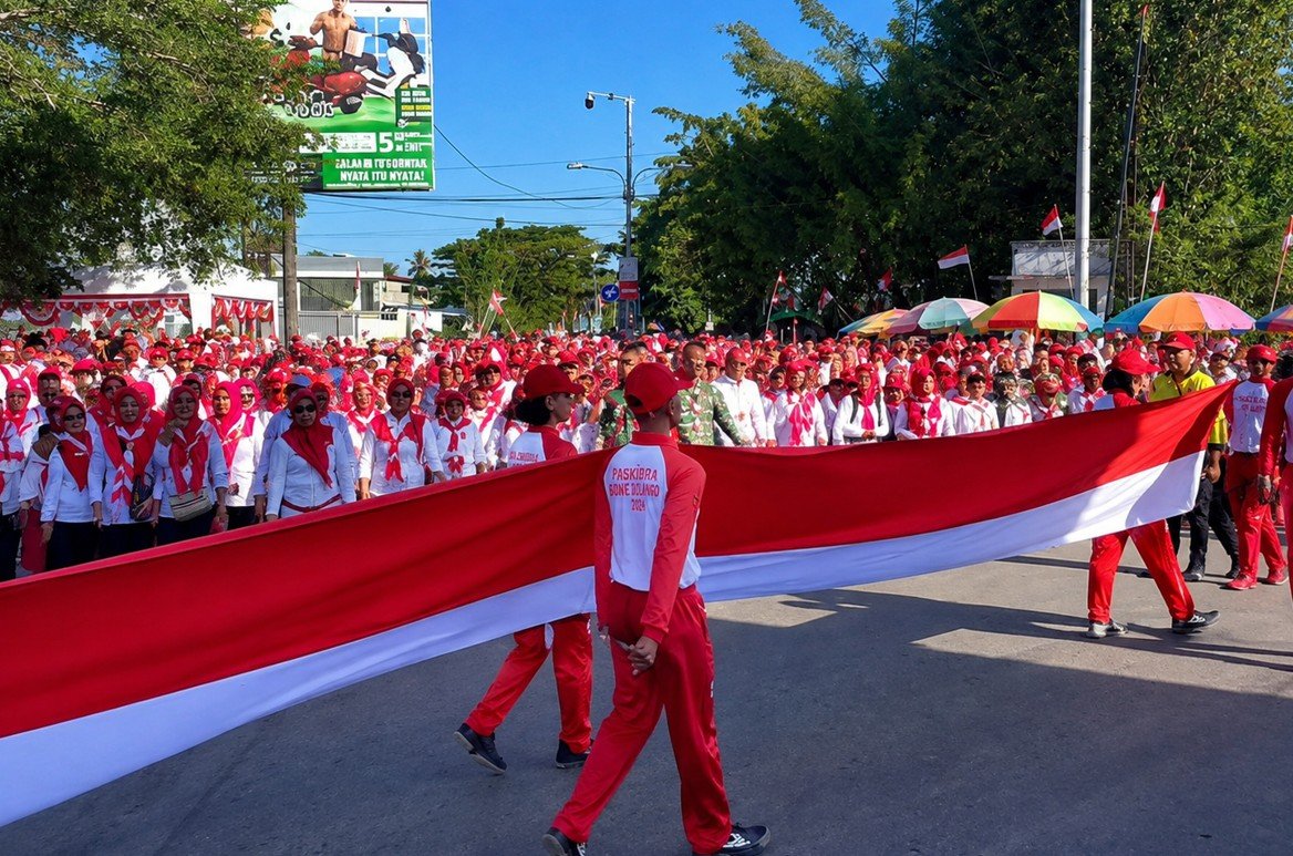Bupati Bone Bolango Ismet Mile bersama jajaran Forkopimda memimpin pembentangan Bendera Merah Putih sepanjang 50 meter di Centerpoint Bone Bolango sebagai pembuka rangkaian peringatan HUT Ke-81 Kemerdekaan RI, Senin (3/8/2026)/Hibata.id