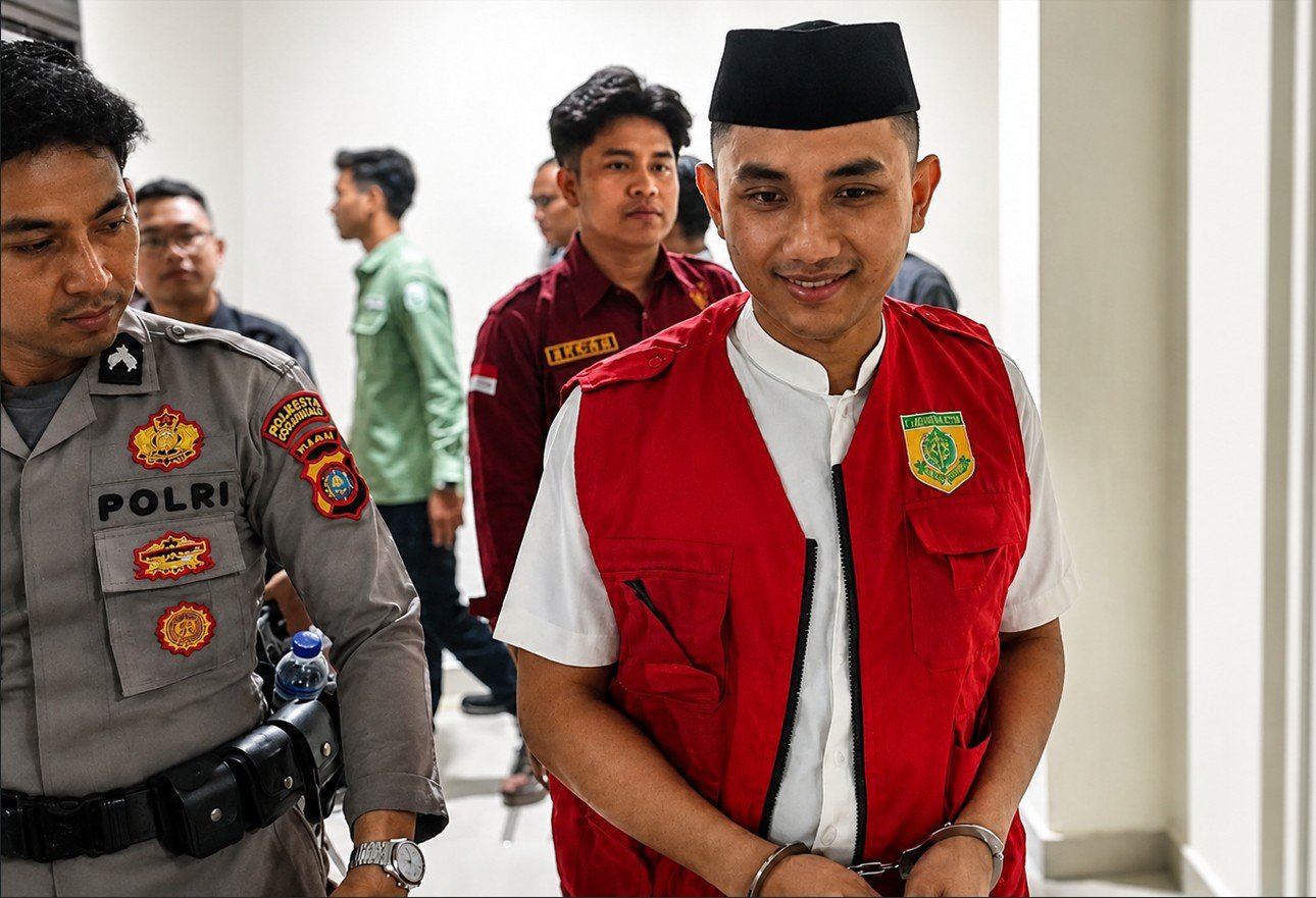 Terdakwa Muhammad Amin Ramadhan saat digiring menuju ruang sidang Pengadilan Negeri (PN) Gorontalo untuk mengikuti persidangan/Hibata.id