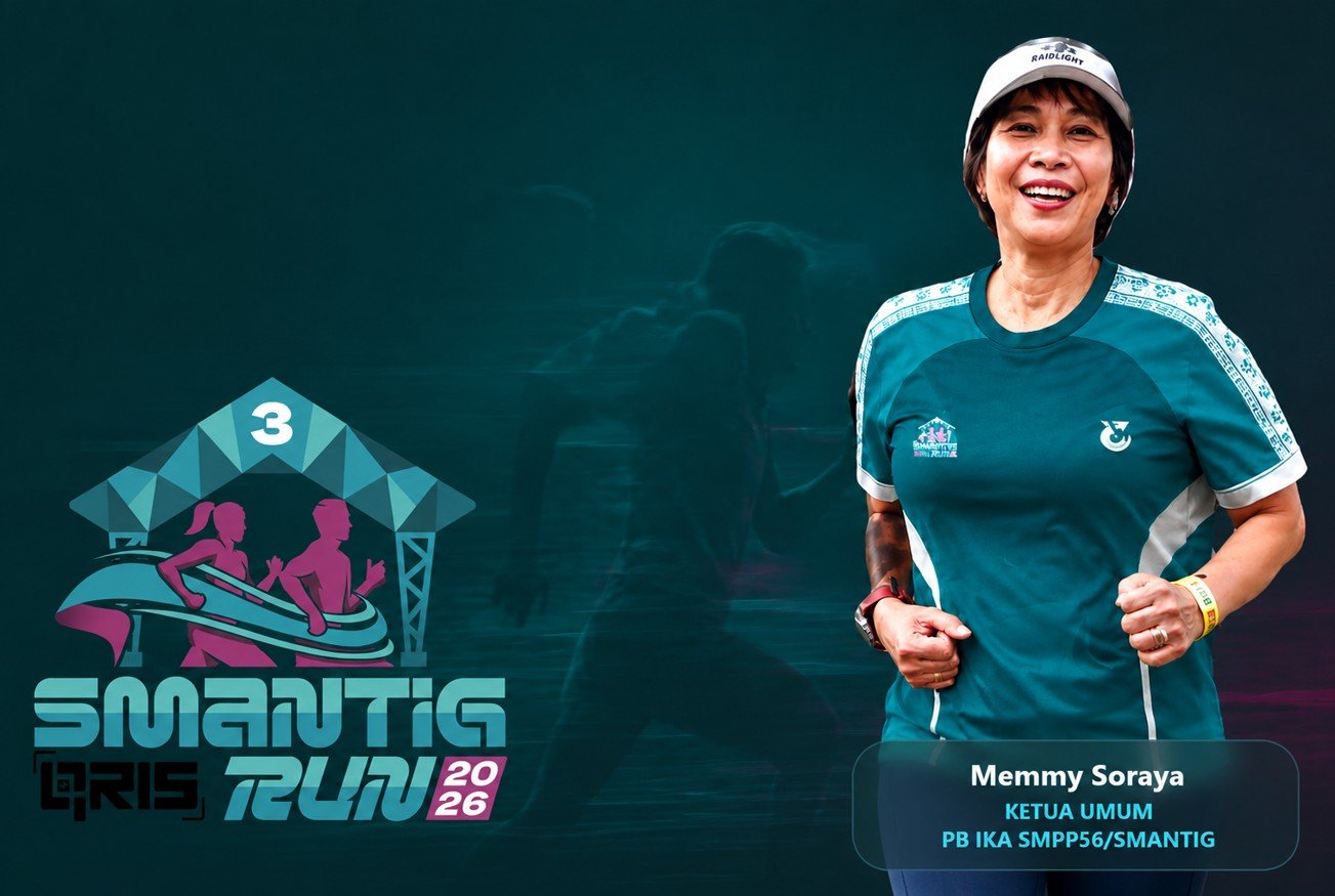 Tampilan depan laman SMANTIG RUN 2026 yang menampilkan foto Ketua Umum PB IKA SMANTIG Gorontalo sedang berlari/Hibata.id