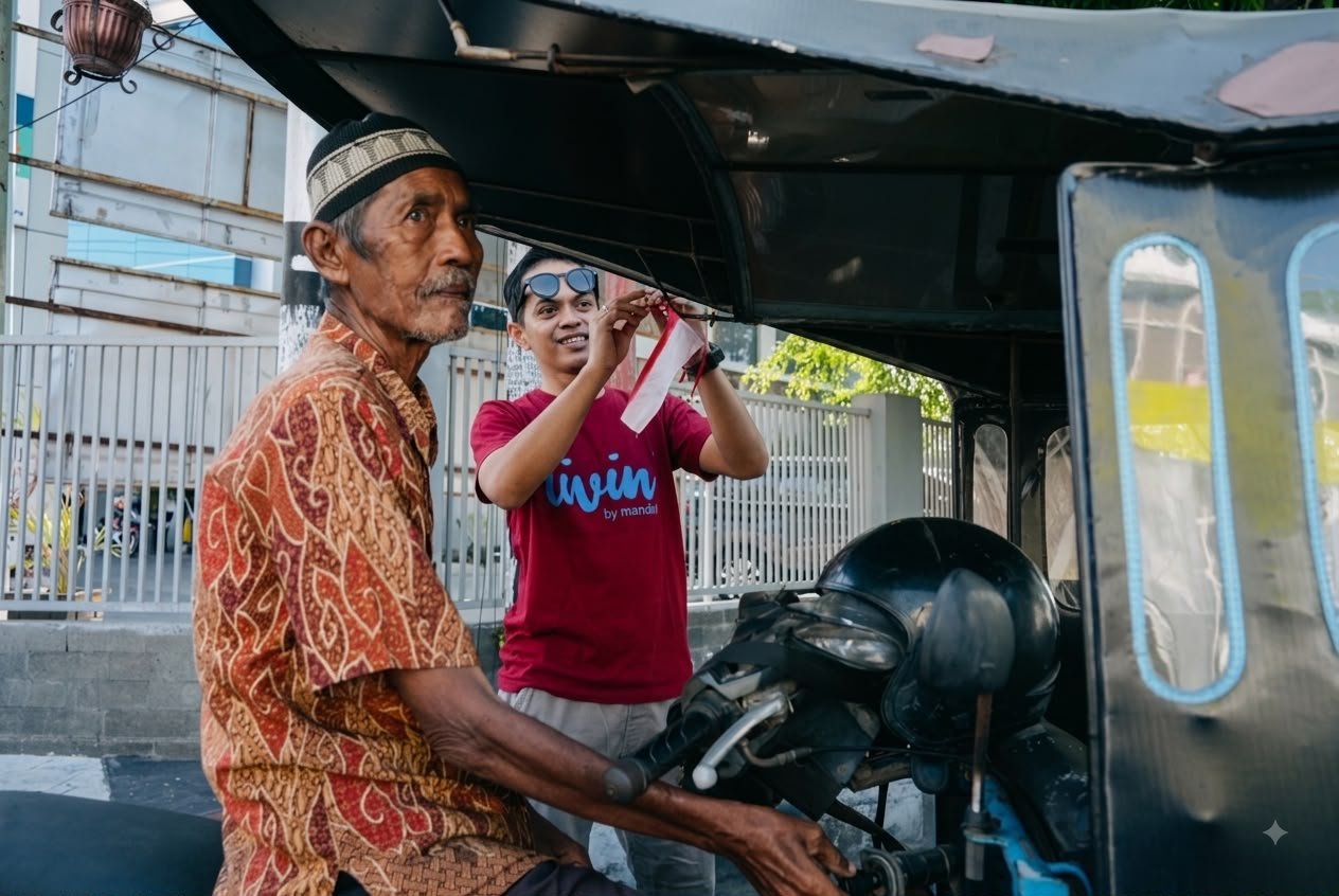 Bank Mandiri Cabang Gorontalo bersama Serikat Media Siber Indonesia (SMSI) Provinsi Gorontalo membagikan 810 bendera Merah Putih kepada masyarakat, Ahad, 16 Agustus 2026. (Foto: Humas)