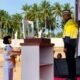 Presiden Direktur PT Merdeka Gold Resources Tbk (MGR) Boyke Poerbaya Abidin ssaat menjadi pembina Upacara HUT ke-81 Kemerdekaan Republik Indonesia yang berlangsung di Kilometer Nol, Pani Gold Mine.