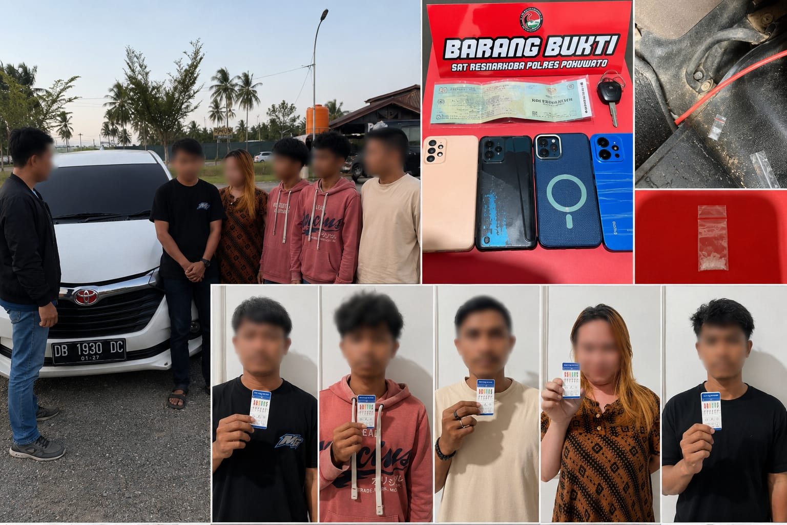 Satresnarkoba Polres Pohuwato mengamankan lima orang setelah menghentikan Avanza putih di Duhiadaa. Polisi menemukan bahan diduga sabu di bawah karpet mobil/Hibata.id