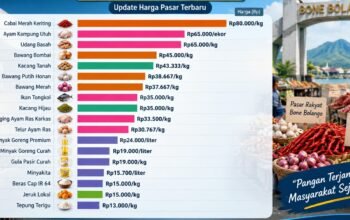 Harga pangan di Pasar Rakyat Talumopatu, Bone Bolango, terpantau stabil. Cabai rawit merah tercatat Rp111.667 per kilogram dan beras SPHP Rp12.000/Hibata.id