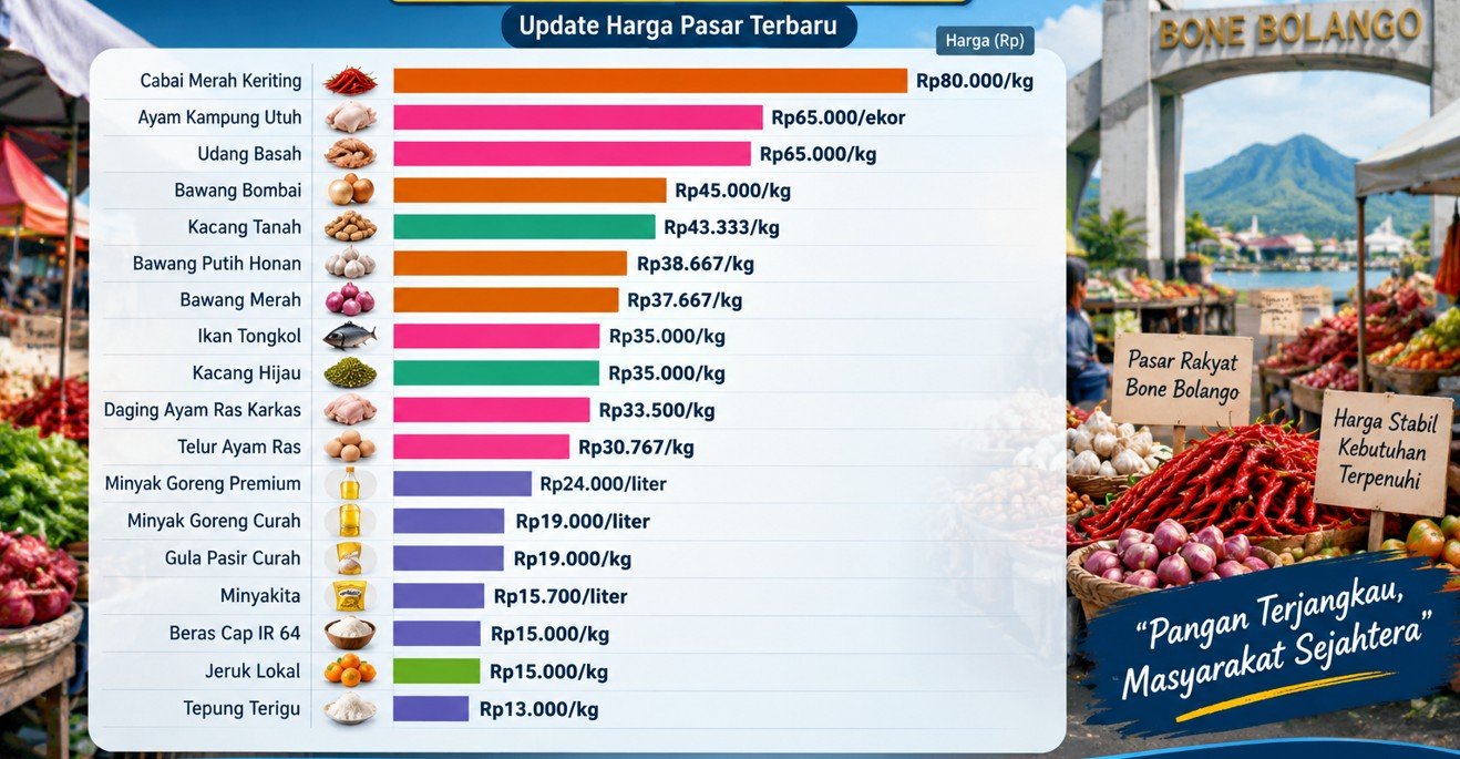 Harga pangan di Pasar Rakyat Talumopatu, Bone Bolango, terpantau stabil. Cabai rawit merah tercatat Rp111.667 per kilogram dan beras SPHP Rp12.000/Hibata.id