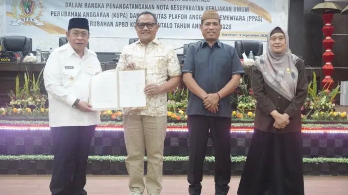DPRD Kota Gorontalo menyetujui dokumen Kebijakan Umum Perubahan Anggaran (KUPA) serta Prioritas dan Plafon Anggaran Sementara (PPAS) Perubahan APBD Tahun Anggaran 2026 yang diajukan Pemerintah Kota Gorontalo. (Foto: Humas)
