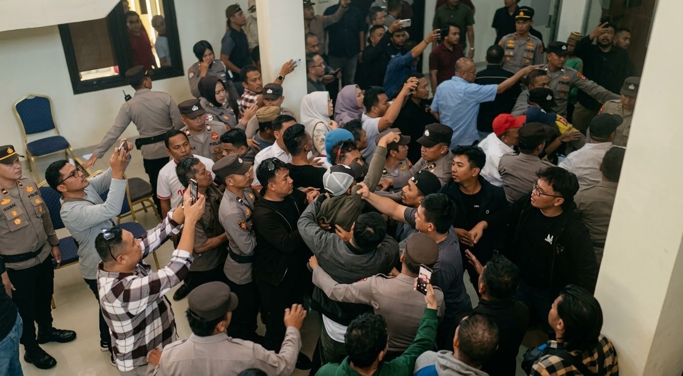 : Audiensi massa dengan BPK Gorontalo terkait polemik cagar budaya berlangsung tegang. Perdebatan mengenai foto sejarah membuat sejumlah peserta sempat saling berhadapan/Hibata.id