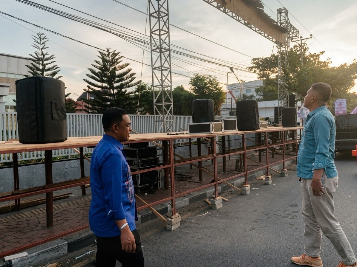 Kepala Dinas Pariwisata Ekonomi Kreatif, Pemuda dan Olahraga Provinsi Gorontalo, Sultan Kalupe, mengecek langsung kesiapan pelaksanaan GKK 2026 di halaman Grand Place Convention Center (GPCC). (Foto: Istw)