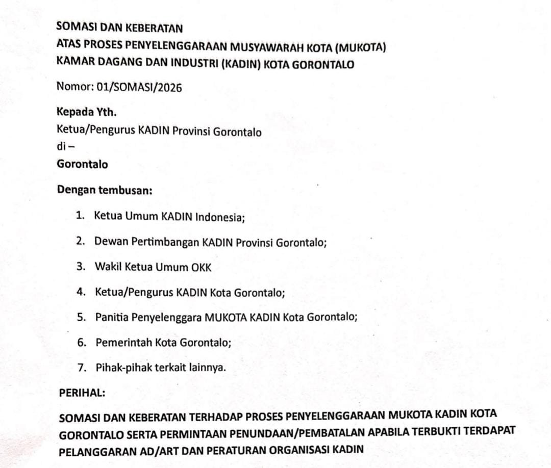 Somasi terhadap penyelenggaraan Musyawarah Kota (MUKOTA) KADIN Kota Gorontalo.