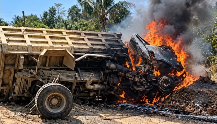 Detik-Detik, Dump Truck Bermuatan Pasir di Pohuwato Terbalik Lalu Terbakar