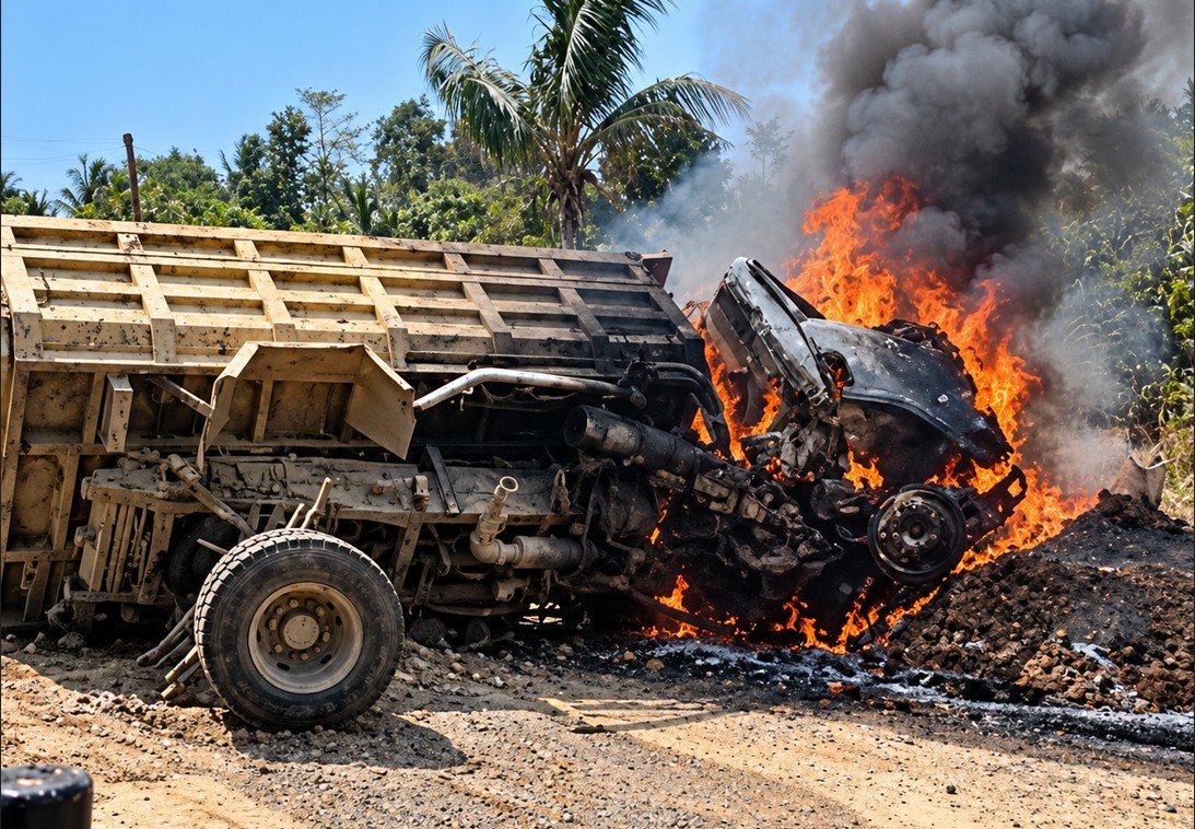 Dump truck bermuatan pasir mengalami kecelakaan hingga terbalik dan terbakar di ruas jalan perbatasan Desa Tirto Asri dan Pancakarsa II, Kecamatan Taluditi, Pohuwato, Jumat (2/10/2026)/Hibata.id/AI