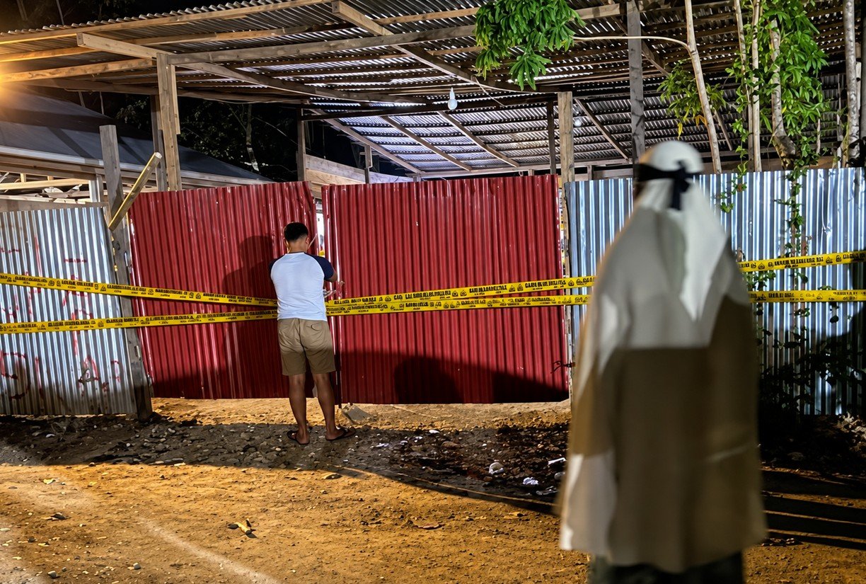 Gudang yang diduga menjadi tempat penyimpanan batu hitam atau galena di Desa Dumbayabulan, Suwawa Timur, dipasangi garis polisi, Minggu (4/10/2026)/Hibata.id