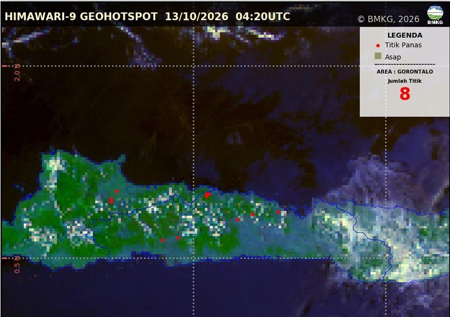 Citra Himawari-9 Deteksi Delapan Titik Panas di Tengah Sebaran Asap Gorontalo