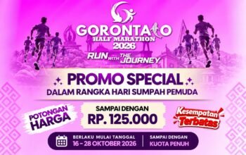 Gorontalo Half Marathon 2026 menawarkan diskon pendaftaran hingga Rp125 ribu pada 16–28 Oktober. Simak kode promo dan ketentuan diskonnya/Hibata.id