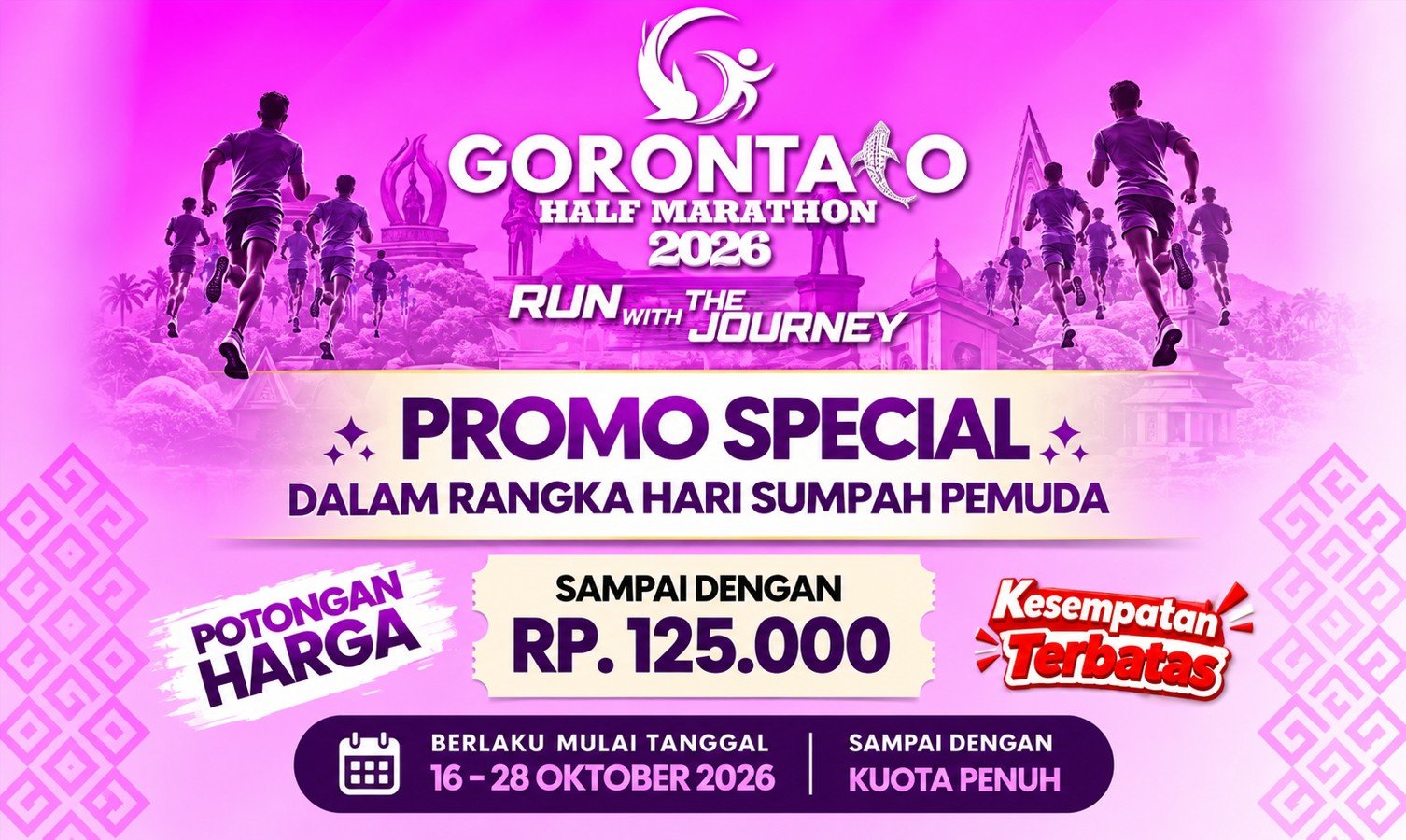 Gorontalo Half Marathon 2026 menawarkan diskon pendaftaran hingga Rp125 ribu pada 16–28 Oktober. Simak kode promo dan ketentuan diskonnya/Hibata.id