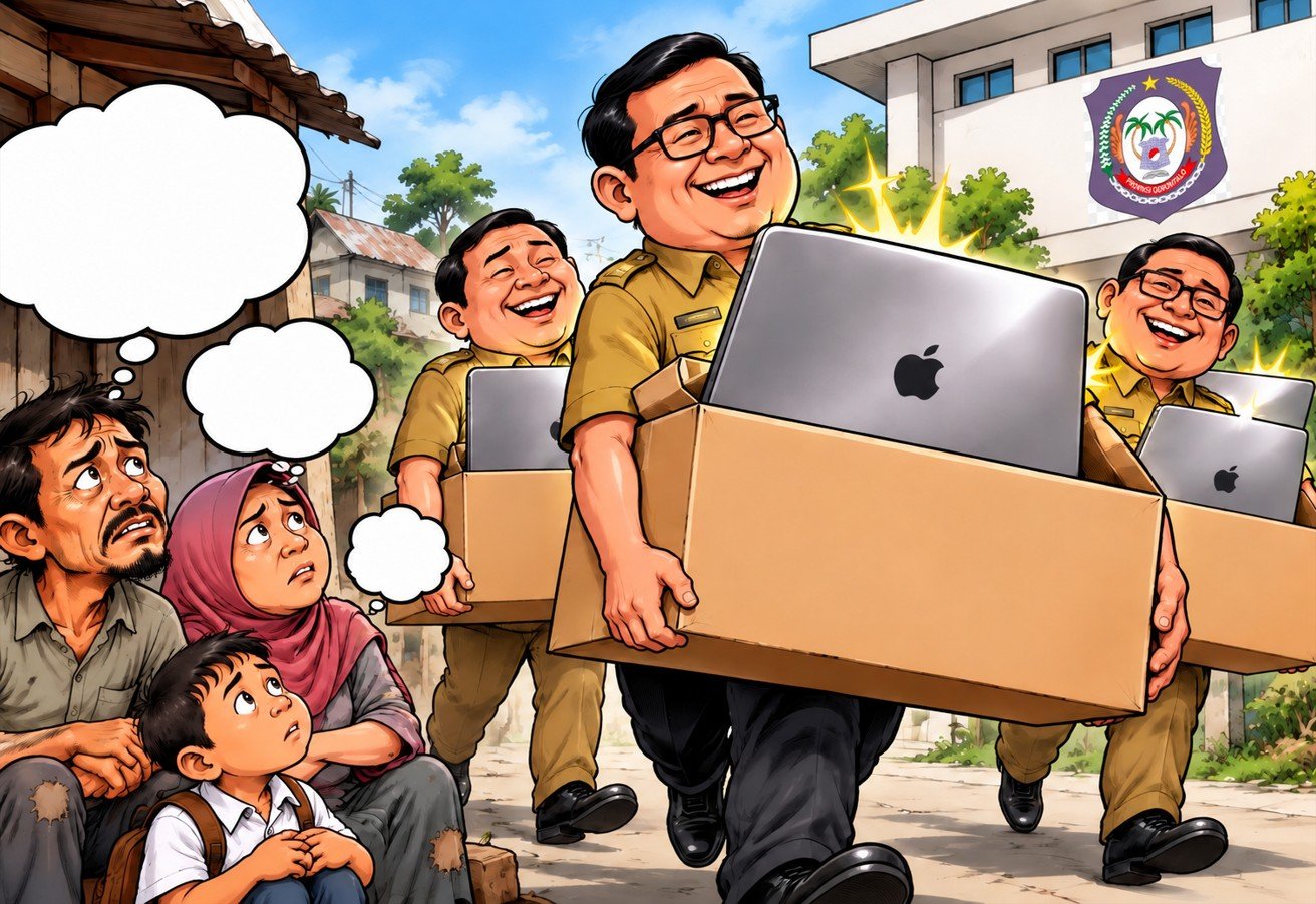 DLHK Provinsi Gorontalo mengadakan sembilan MacBook Pro dengan pagu Rp231,9 juta. Urgensi belanja dan pencatatan sumber anggaran perlu diperjelas/Hibata.id