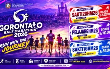 Gorontalo Half Marathon 2026 menghadirkan promo 1–5 Oktober dengan diskon hingga Rp100 ribu untuk pelajar, umum, dan pendaftaran kolektif/Hibata.id