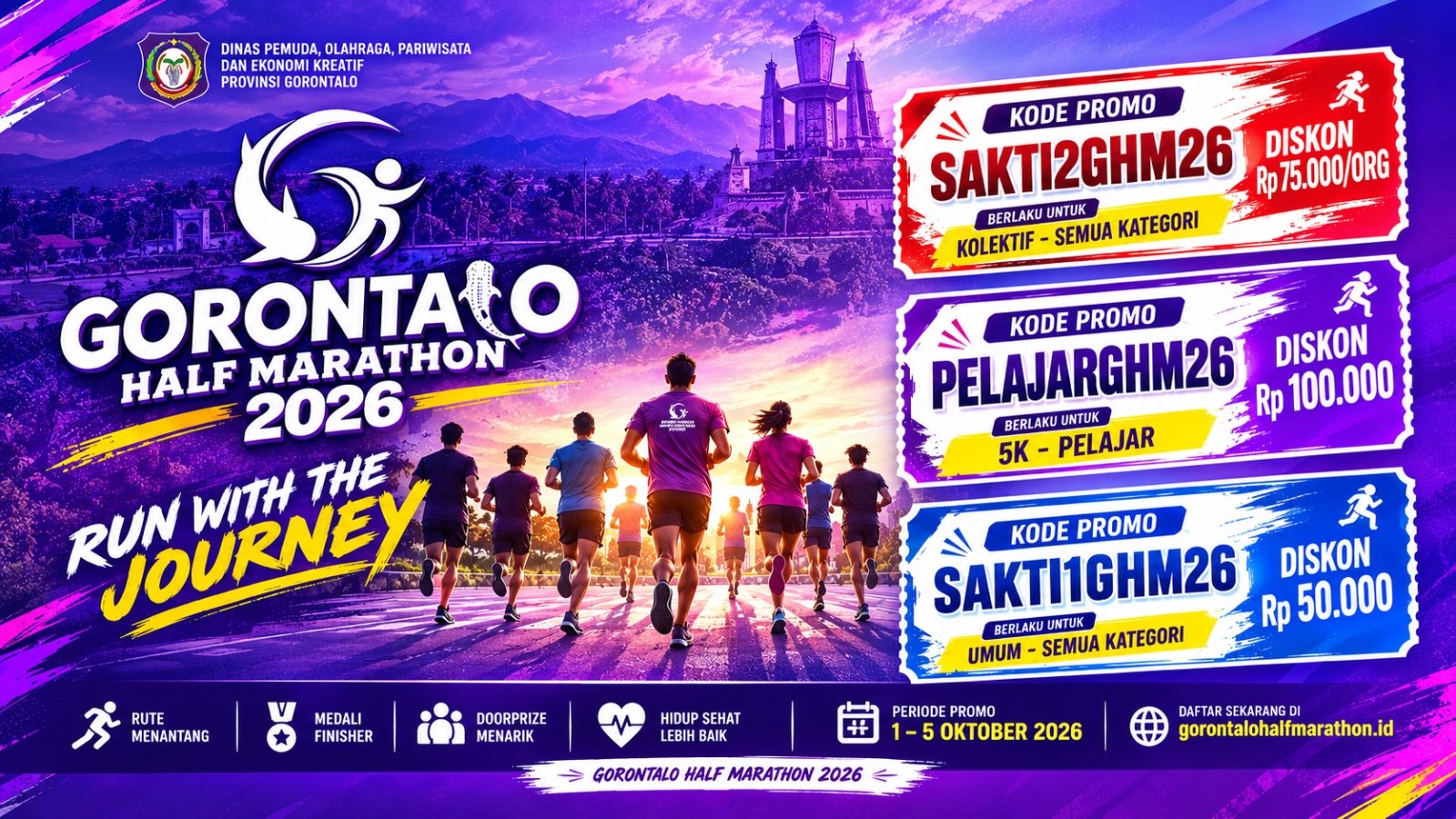 Gorontalo Half Marathon 2026 menghadirkan promo 1–5 Oktober dengan diskon hingga Rp100 ribu untuk pelajar, umum, dan pendaftaran kolektif/Hibata.id