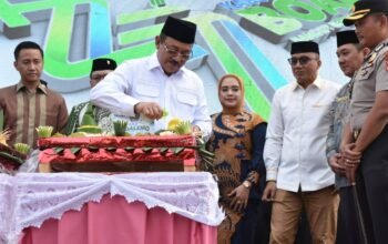 Bupati Boalemo Rum Pagau bersama Wakil Bupati Lahmudin Hambali saat memotong tumpeng pada peringatan HUT ke-27 Kabupaten Boalemo/Hibata.id