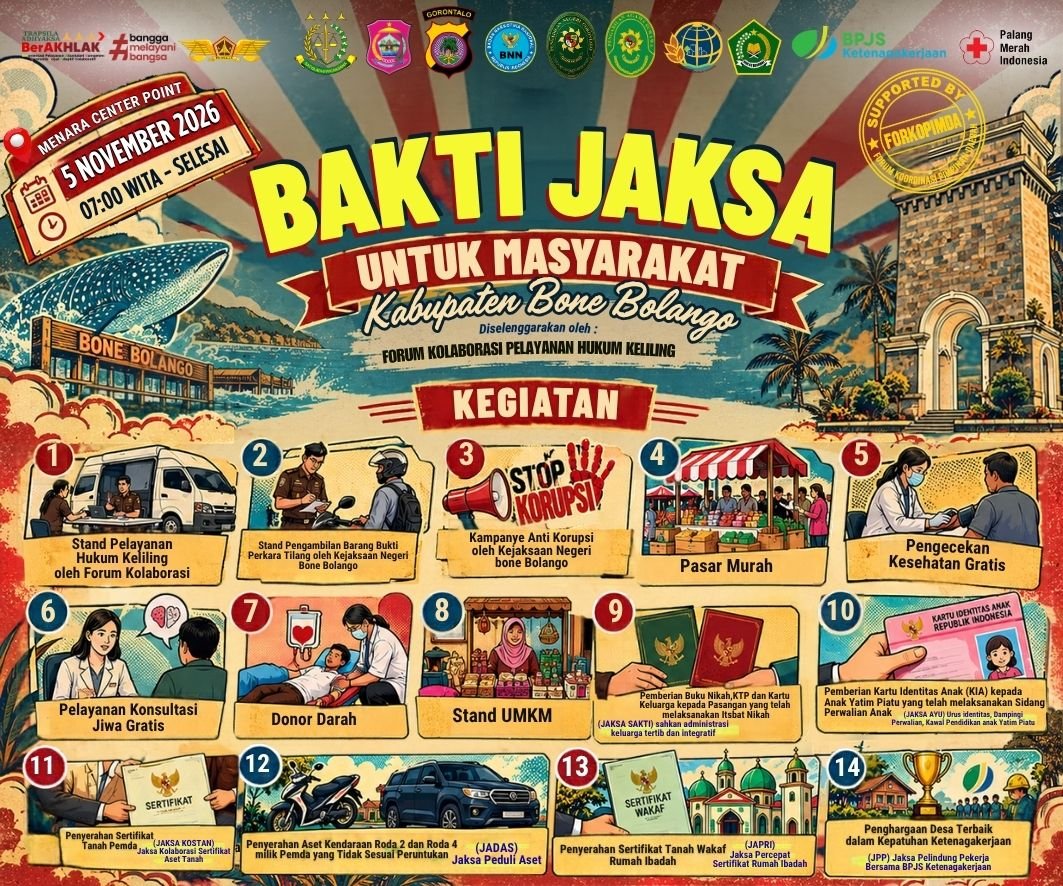 Kejari Bone Bolango menghadirkan 14 layanan melalui Bakti Jaksa, mulai dari konsultasi hukum, kesehatan gratis, pasar murah, hingga dokumen kependudukan/Hibata.id